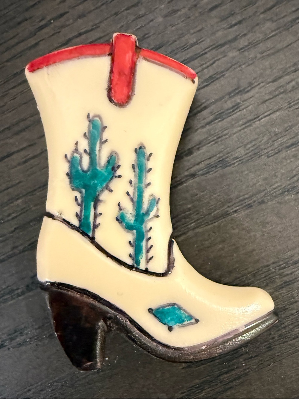 Cream Western-Style Women's Boot Brooch with Turquoise Cactus Accents